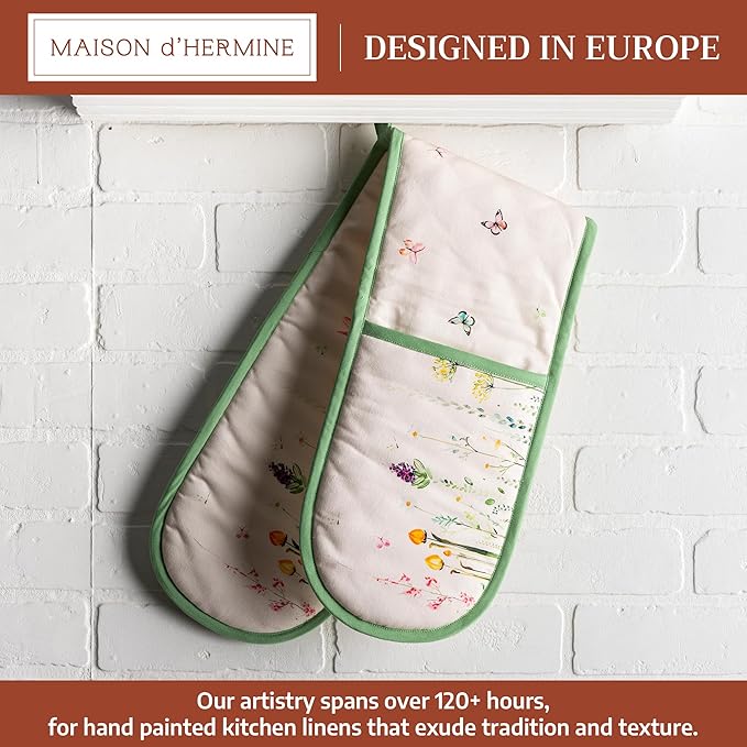 Maison d' Hermine Double Oven Mitts 100% Cotton 7"x35" Double Oven Mitt Heat Resistant BBQ Cooking Gloves with Loop Baking Grilling Gifts for Mothers Day Spring Summer (Botanical Fresh)