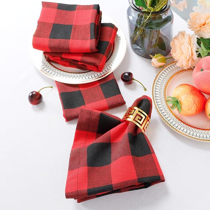 Set of 4 Reusable Cloth Napkins - Buffalo Plaid Red/Black 20x20 Inch, Christmas Dinner, Restaurant & Family Table Linens (4-Pack)