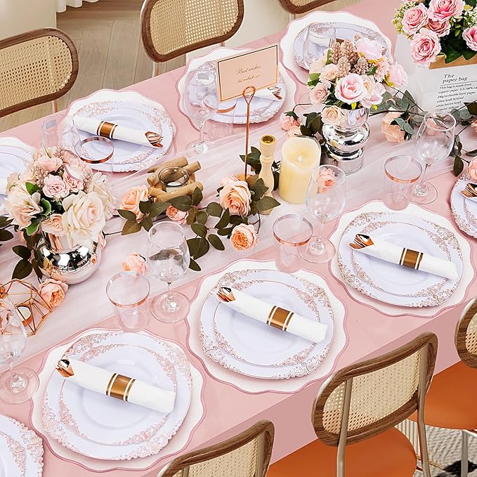 Set of 6 Scallop Linen Placemats, 15 Inch Pink and White Round Placemats Cotton Linen Table Mats Handcrafted Machine Washable Wrinkle Free Dining Placemat for Hotel Restaurant Kitchen