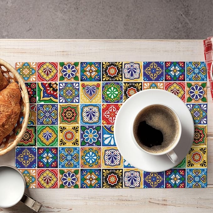 Mexican Talavera Tile Linen Placemats Set of 4, Colorful Place Mats for Dining Table, Heat-Resistant Washable Non-Slip Table Mats, Spring Easter Gifts for Festival Culture Lovers, Kitchen Home Decor