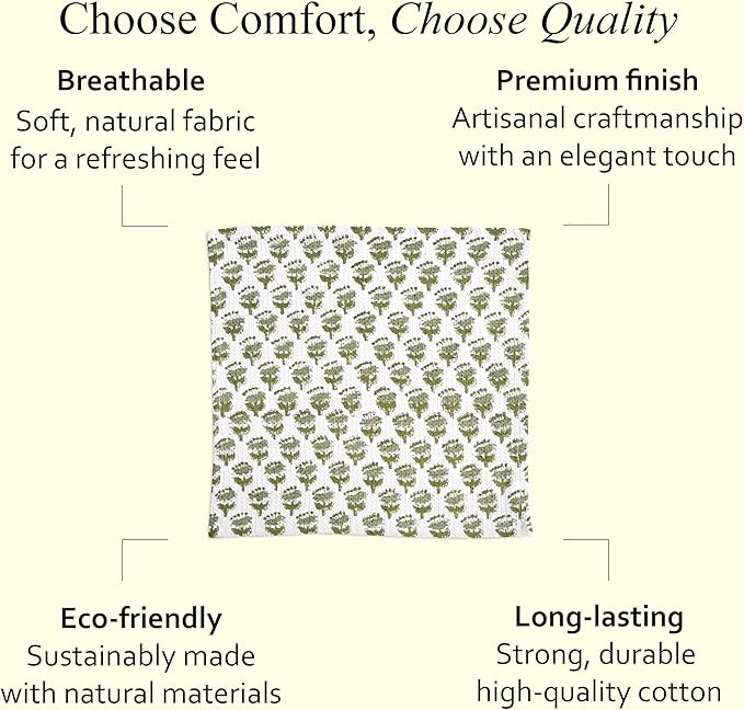 CPC Emerald Green Hand Block Printed Cotton Waffle Dish Cloth Set of 6-12x12 Inch Super Absorbent, Soft, Reusable Kitchen Towels for Dish Drying & Cleaning Ideal for Spring, Mother's Day