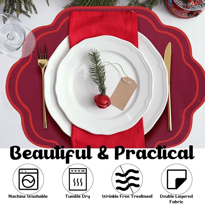 Breling 6 Pcs Wedding Placemats Scalloped Embroidered Cotton Linen Placemats 17" x 13" Double Layered Machine Washable Table Place Mat for Party Table Decor (Wine Red)