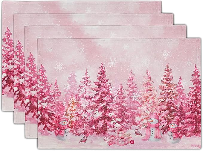 Pink Forest Placemat Set of 4 Winter Tree Linen Place Mat for Home Holiday Decor