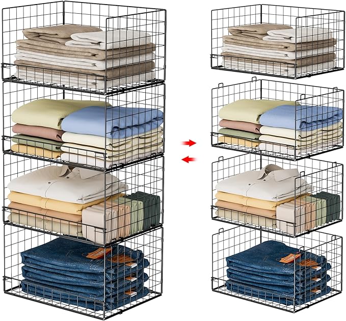 Yociyoga 4-Tier Stackable Closet Organizers and Storage Shelves, Clothes Shelf Organizer Basket Bins, Foldable Sweater Storage for Closet Organizer System, Black (Patent Pending)