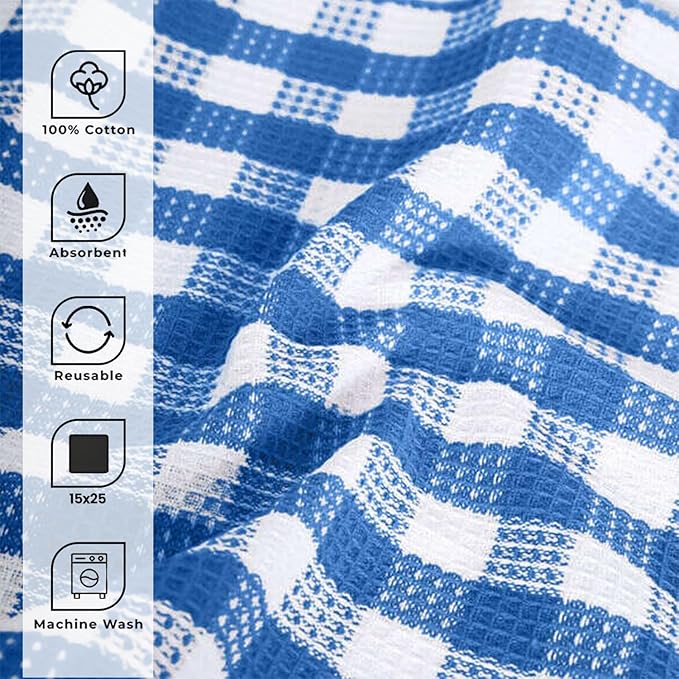 Blue Needles Set of 4 Waffle Weave Kitchen Towel, 15x25 Inches 100% Cotton Check Plaid Dish Towels for Kitchen, Soft & Absorbent for Quick Drying with Hanging Loop, Spring Summer - Sky Blue & White