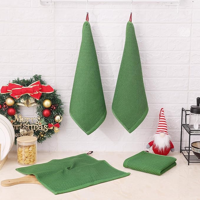 Kitinjoy 100% Cotton Kitchen Dish Cloths (12 X 12 Inches, Grass Green), 6 Pack Waffle Weave Ultra Soft Absorbent Dish Towels for Drying Dishes Quick Drying Kitchen Towels Dish Rags