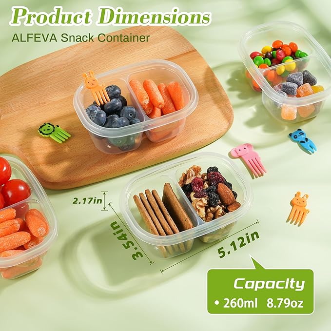 ALFEVA 20Pcs Reusable Snack Containers with Lids Portion Control, Meal Prep Containers for Kids Adults, 10 Forks, Double Compartment Snack Containers for Travel - Camping Essentials (4 Color)
