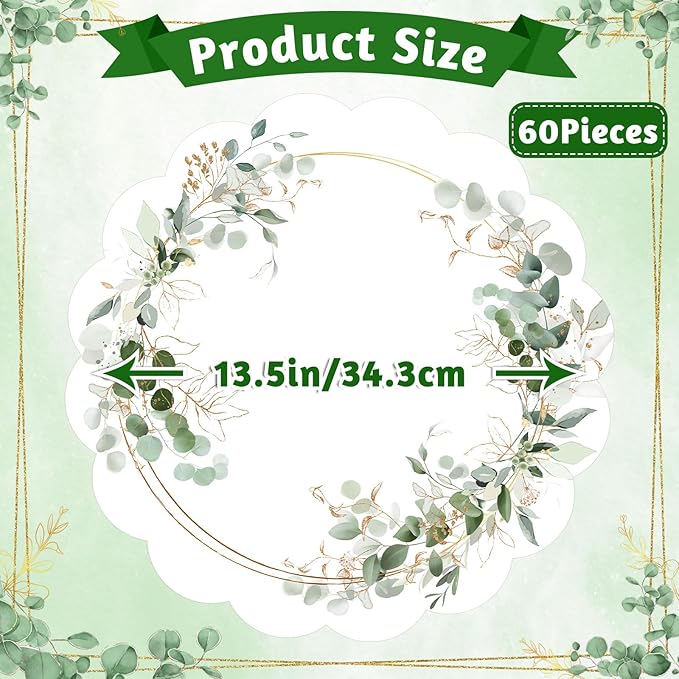 60Pcs Green Eucalyptus Leaves Paper Placemats, 13.5 Inch Disposable Wedding Placemat Scalloped Spring Table Mats, Round Paper Place Mats for Banquet Table Setting Baby Shower Wedding Bridal Tea Party
