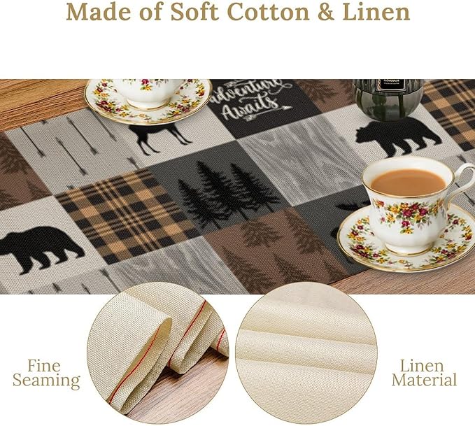 Rustic Cabin Bear Table Runner Retro Deer Moose Hunting Country Plaid Art Printed Runner for Home Kitchen Dining Table Living Room Decor Fabric 1 Panel W13xL36in