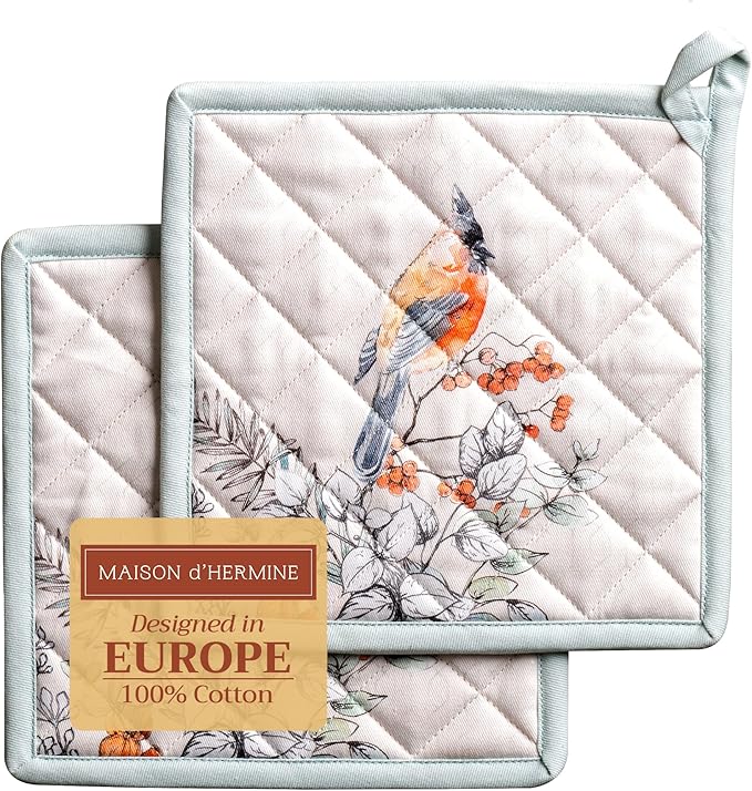 Maison d' Hermine Pot Holders Set 100% Cotton Heat Resistant Potholders 8" x 8" Hot Pads with Loop for Thanksgiving Christmas Decorations Baking Handling Hot Pans (Pack of 2, Whitish Shabby Chique)