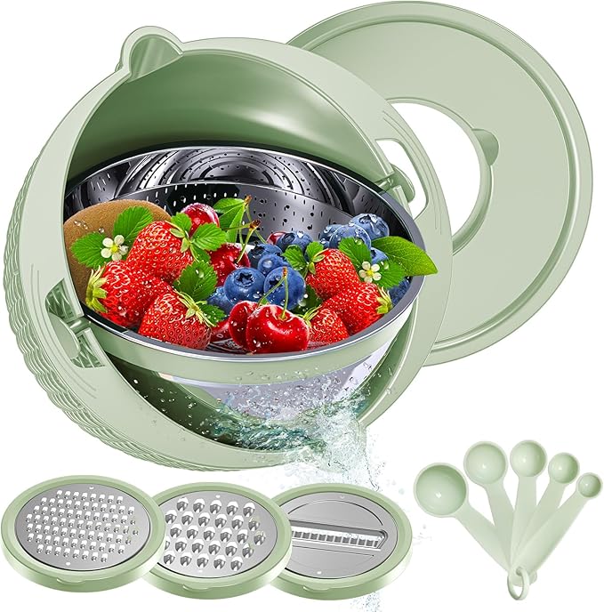 4-1 Strainer with Bowl & Spoons Set - Strainers and Colanders - Colanders for kitchen(Patented) - Pasta Strainer with Upgraded Graters & Spoons for Fruit Veggie Kitchen Essentials, Green