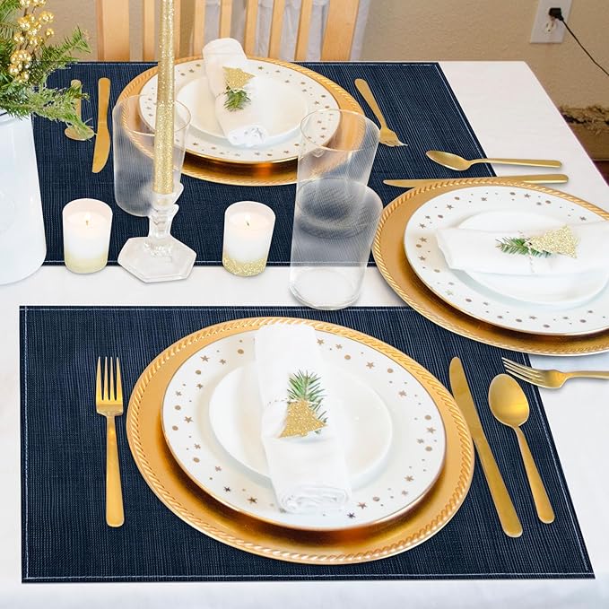 Niviy Dark Blue Placemats Set of 4, 12x18 Inch Washable Easy to Clean Heat-Resistant Anti-Skid Navy Blue Placemats for Holiday Party Kitchen Dining Room Decoration