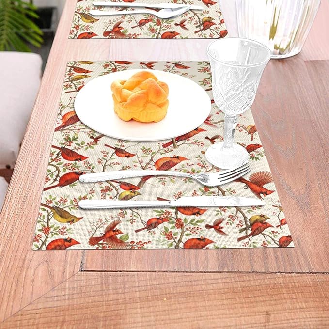Red Cardinal Linen Placemats Set of 4, Washable Non-Slip Heat-Resistant Bird Berry Printed Table Mats for Kitchen Dining Table, Gift for Bird Lovers, Nature & Christmas Enthusiasts, Kitchen Home Decor