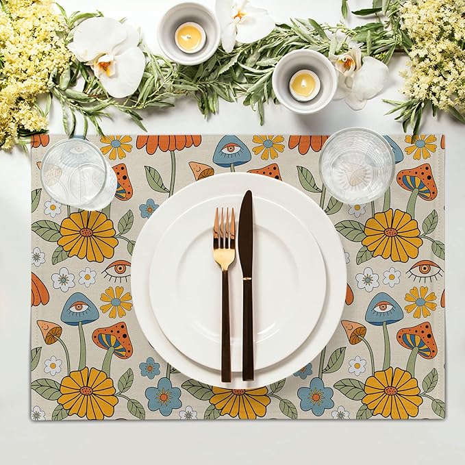 Retro Boho Floral Placemats Set of 6 70s Vintage Cute Abstract Mushrooms Fun Linen Washable Kitchen Dining Table Mats Stain Heat-Resistant Desktop Decor Place Mats for Home Party Dinner 12x18 in…