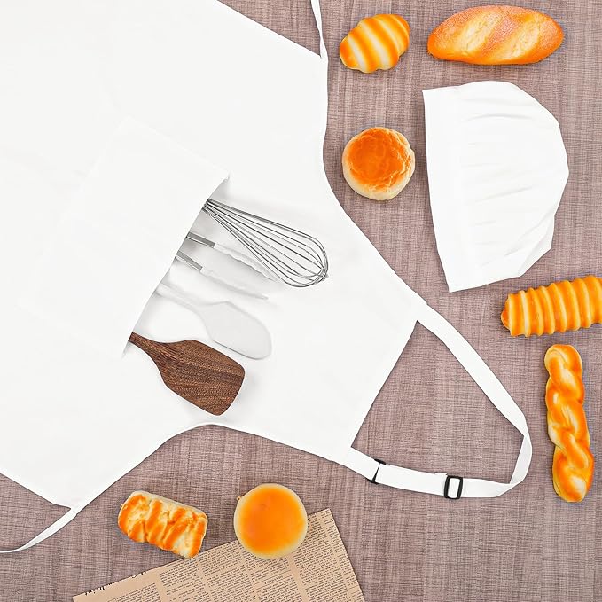 4 Sets Chef Apron and Hat, Adjustable High Cooking Aprons, with 2 Pockets and 30" Long Ties, Chef Hat with Elastic Part, Bib Aprons Set, Water Drop Resistant Kitchen Apron for Women Men Adult