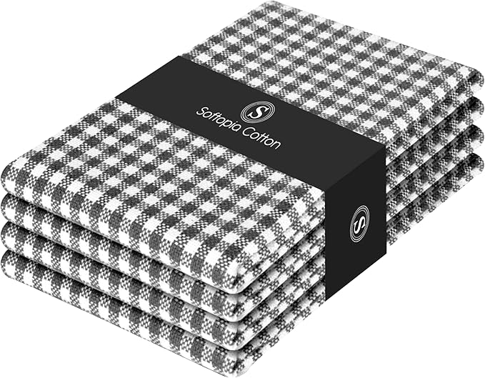 Mini Check Plaid Cloth Napkins, Set of 4, Soft, Durable, Wrinkle Free Fabric Napkins, Checked Napkins for Dinner, Wedding, Restaurant, Buffet, Party, Christmas - Grey White (16”x16”)