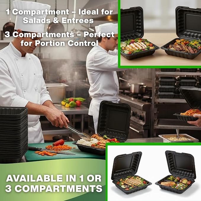 Hinged Take-Out Containers 8″ x 8″ BPA Free, Clamshell To Go Boxes Recyclable, Microwave & Freezer Safe Food Storage Boxes for Restaurants, Catering - Cake Slice Container - Black