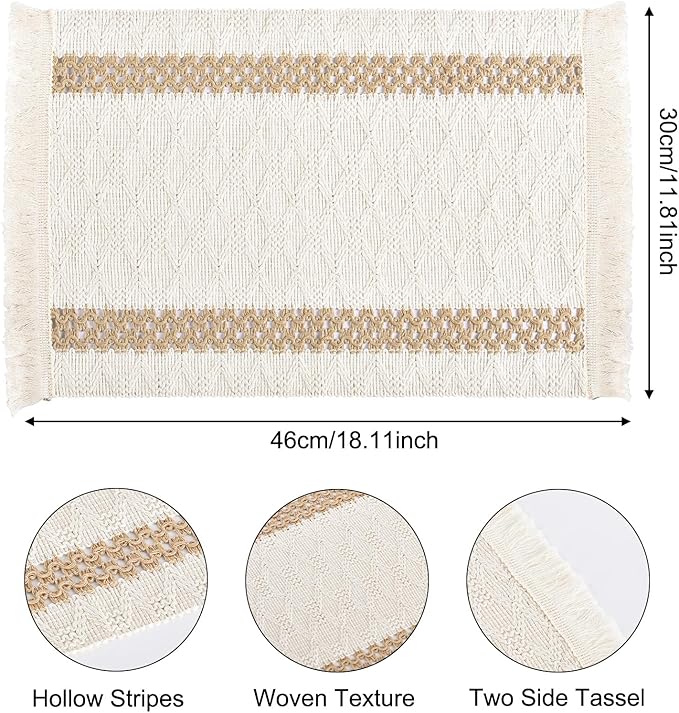 Boho Placemats Set of 6, Macrame Place Mats in Natural Cotton Burlap, Farmhouse Style Dining Table Mats for Indoors & Outdoors, Rustic Kitchen Home Decor