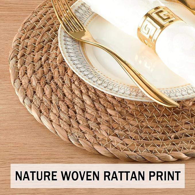Handmade Heat Resistant 12" Round Woven Placemats Set of 8, Wicker Boho No Chemical Natural Water Hyacinth Place Mats, Farmhouse Table Mats for Kitchen Dining Table,Home Decorations,Wedding
