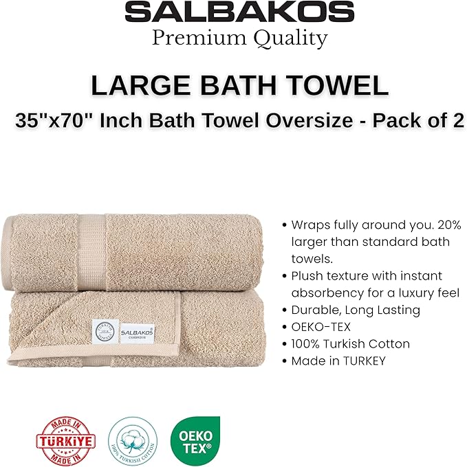 SALBAKOS 100% Turkish Cotton Extra Large Bath Sheet Towel Set of 2, 35x70 inch | Premium Quality | Hotel Collection Soft, Absorbent, Oversize Bath Towels | Made in Turkey (Taupe, 2 Bath Sheets)
