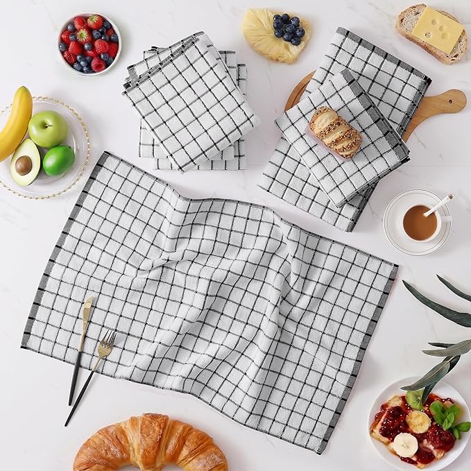 Homaxy Premium Kitchen Towels(16”x 28”, 8 Pack), Large Ring Spun Cotton Dish Towels, Super Absorbent Soft Terry Kitchen Hand Towels, Check Design Tea Towel Set with Hanging Loop, Black