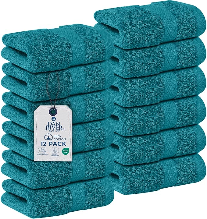 DAN RIVER 12-Pack Premium 100% Cotton Teal Face Towels for Bathroom - Reusable Face Wash Cloths for Showering 12x12 Inches - 550 GSM Super Soft & Absorbent Luxury WashCloths for Body, Spa & Gym