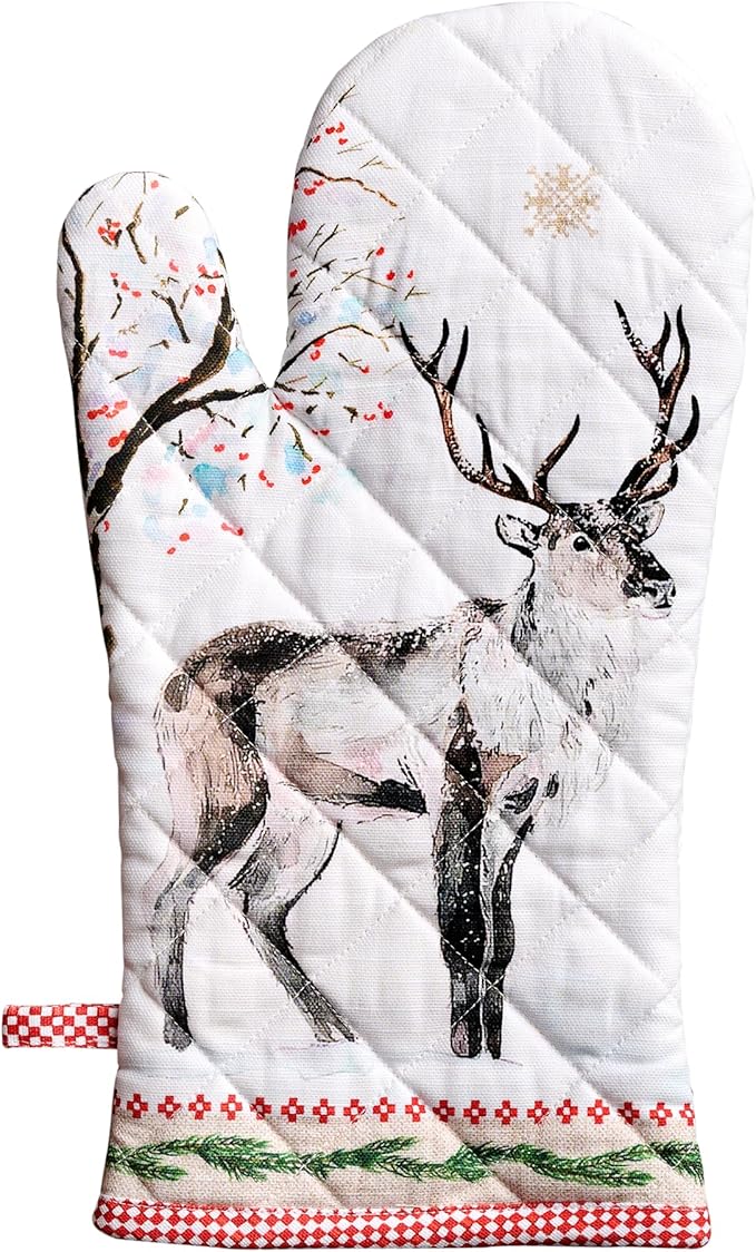 Maison d' Hermine Oven Gloves 100% Cotton Oven Mitt 7" x 13" with Loop Heat Resistant BBQ Cooking Gloves for Thanksgiving Christmas Decorations Baking Handling Hot Pans (Pack of 1, Rural Christmas)