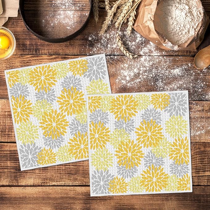 Artoid Mode Yellow Dahlia Floral Kitchen Dish Cloths, 12x12 Inch Quick Dry Microfiber Dishcloths for Kitchen Premium Dish Rags Set of 2