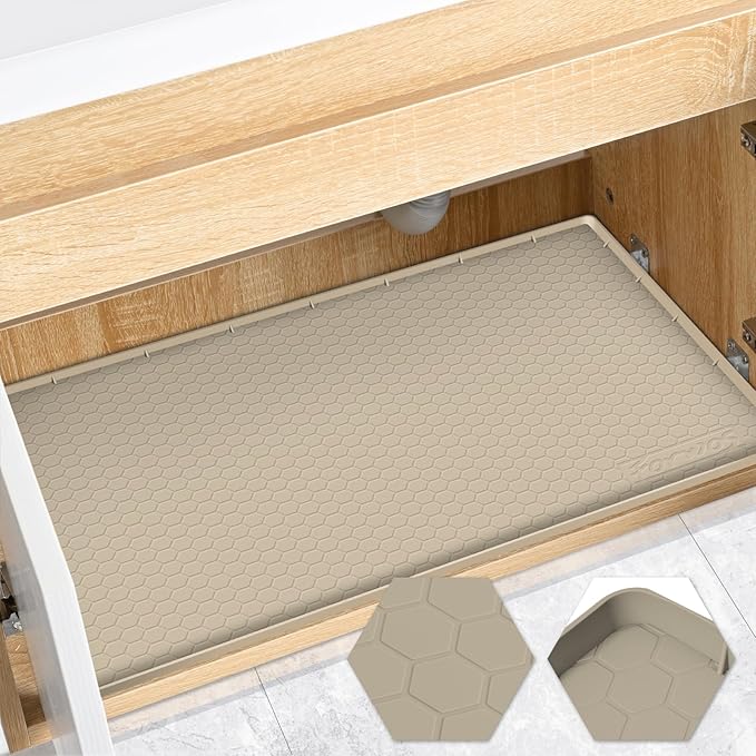 Waterproof Under Sink Mat 28" x 22", Silicone Cabinet Liner, Rubber Protector for Kitchen and Bathroom, Keeps Cabinets Clean, Dry, and Organized (Khaki)