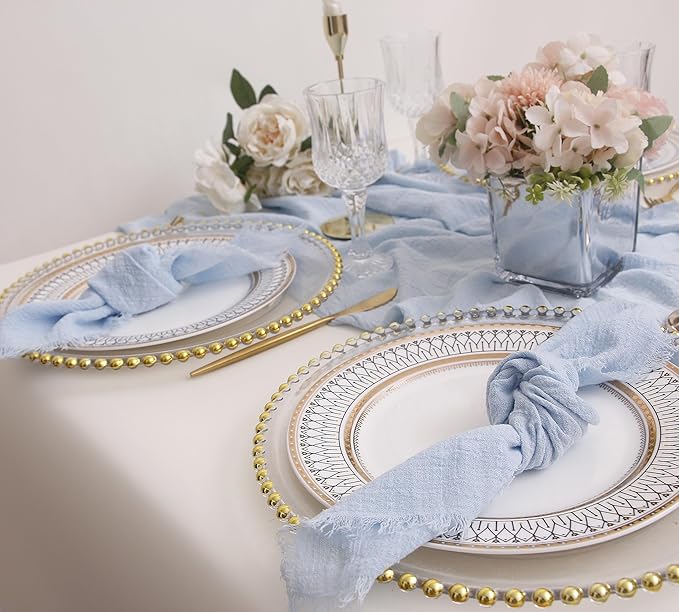 Cloth Napkins with Fringe Set of 6,100% Natural Soft Cotton, Gauze Washable Napkins for Wedding Decorative Dinner Parties Easter Spring, Valentine's Day (16''*16'') (Light Blue)