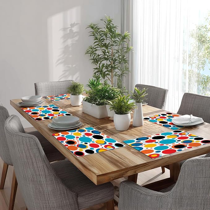Batmerry Colorful Circles Placemats, Vibrant Circular Pattern Washable Linen Table Mats for Kitchen Table Double Insulation Decor Dining Set Indoor Outdoor 12X18 in Set of 8