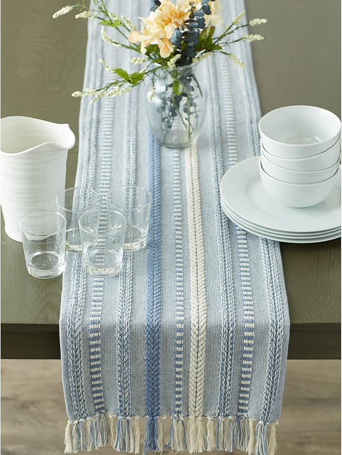 DII Farmhouse Braided Stripe Table Runner Collection, 15x108 (15x113, Fringe Included), Stonewash Blue