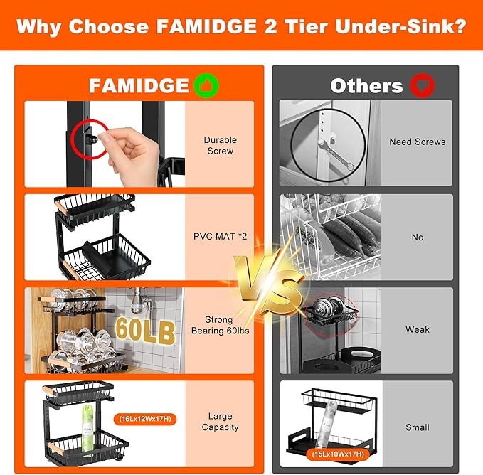 Under Sink Organizer, 2 Pack 2 Tier Under Sink Organizers and Storage, Slide Out Pull Out Cabinet Organizer Shelf, Height Adjustable Metal Drawer for Kitchen Bathroom Closet Organization Rack Black