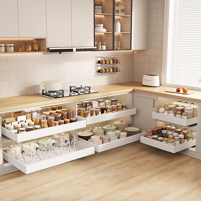 Seinloes 4 Pack Pull out Cabinet Organizer 21" Deep With Raising Pad for Framed Cabinets,Expandable (15.2"-26.3"W) Slide out Drawers for Kitchen Cabinets with 4pcs Divider Racks,Roll out Shelves,White