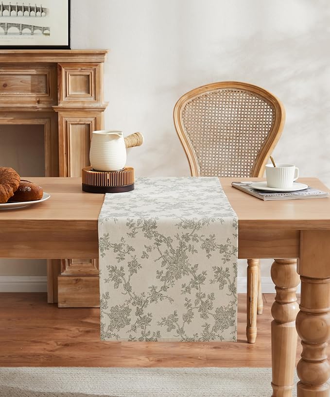 100% Cotton French Pastoral Table Runners, 13x72 Inch Green Farmhouse Table Runners 72 Inches Long, Vintage Flowers Print Home Decors