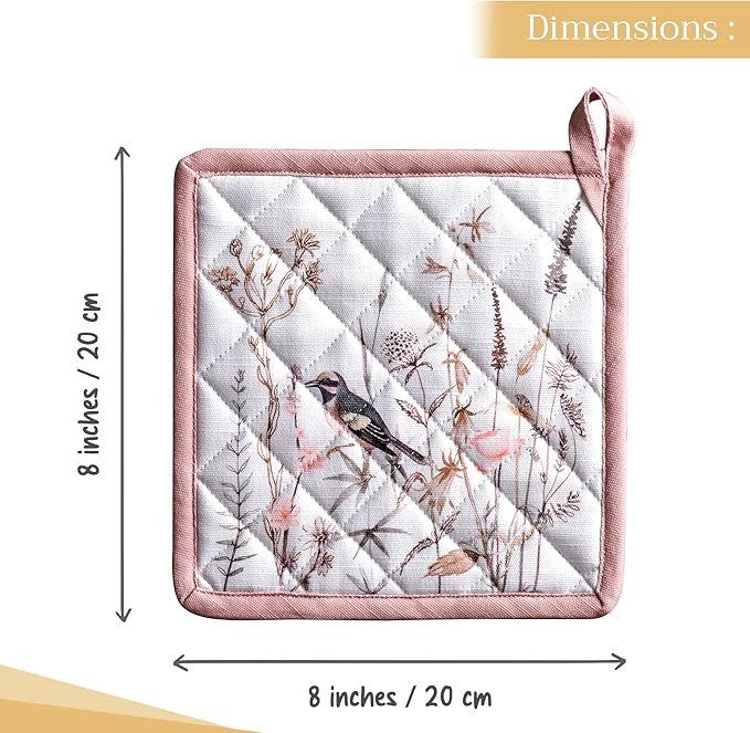 Maison d' Hermine Pot Holders 100% Cotton Heat Resistant Potholders 8" x 8" Hot Pads with Loop Baking Gifts for Mothers Day Handling Hot Pans Spring/Summer (Pack of 2, Meadow Florals - Brown)
