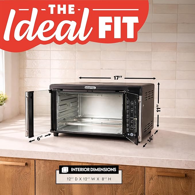 Gourmia French Door Air Fryer – 25 Qt Large Capacity Convection Oven, Fryforce 360°, Digital Display with 17 Cooking Presets, Bake, Toast, Roast, Dehydrate, Fits 12” Pizza
