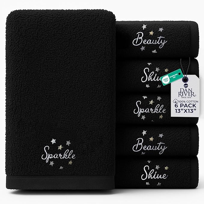 DAN River Black Makeup Towels - Pack of 6 (13x13 in) - Ultra Soft Cotton Face Towels with Embroidery - Reusable, Quick-Dry & Machine Washable Makeup Remover Cloths for Bathroom, Spa & Salon