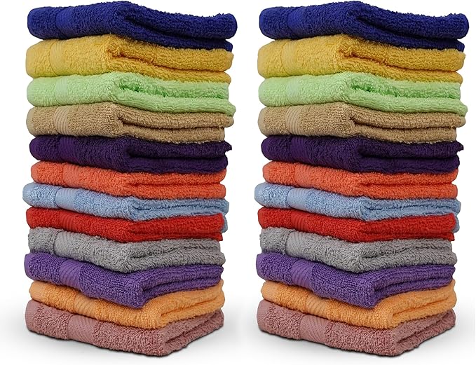 ZUPERIA 100% Cotton Bath Wash Cloths 24 Pack - 12" x 12"- Highly Absorbent Soft Washcloths for Face, Gym Towels, Hotel Spa Quality, Reusable Multipurpose (Dark, Light & Bright Colors)