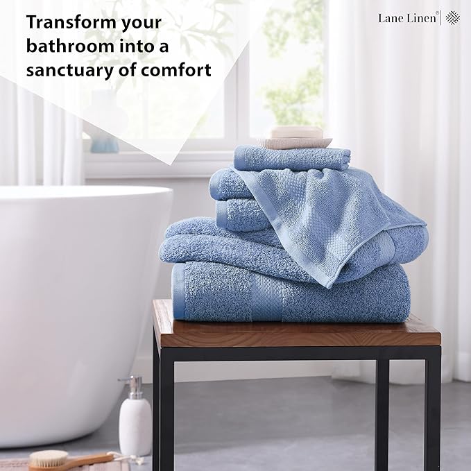 LANE LINEN 100% Cotton Bath Towels 6 Piece Set - Super Soft, Quick Dry & Absorbent - 2 Bath, 2 Washcloths, 2 Hand Towels for Bathroom - Hotel Quality, Minimal Lint after 3 Washes - Cerulean Blue