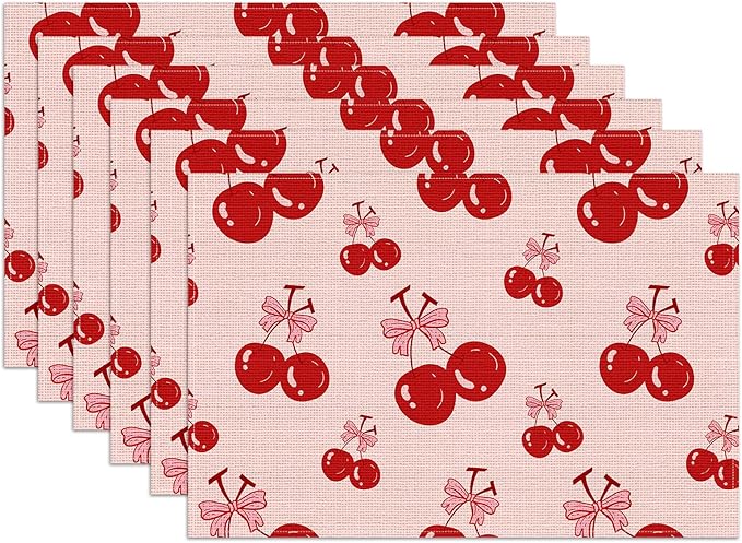 Red Cherry Bow Placemats Set of 6, Linen Place Mat Washable Stain Resistant Table Mats for Farmhouse Kitchen Dining Holiday Party Wedding Decor 12x18 Inch