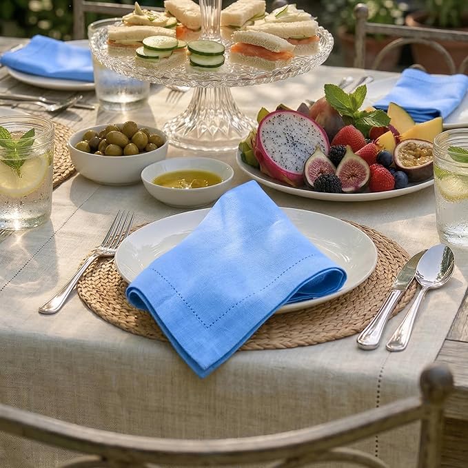Palisa Light Blue Cotton Napkins Set of 12 | Premium Hemstitch Detailing Cloth Dinner Napkins 18x18 Inch | Soft Washable & Reusable Table Napkins for Everyday Use Weddings Restaurants & Hotels