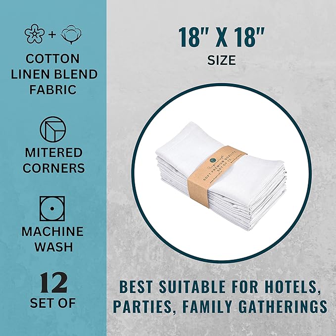 FINGERCRAFT Dinner Cloth Napkin Cotton Linen Blend 12 Pack Natural Premium Quality Mitred Corner for Every Day Use Pre Shrunk and Good Absorbency 18x18 in Easter Color White