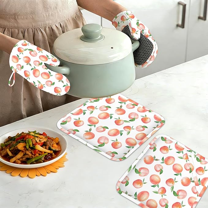 Watercolor Peaches Oven Mitts and Pot Holders Sets,Silicone Kitchen Mitts Potholders Heat Resistant 4Pcs Oven Gloves Hot Pads for Kitchen Baking Cooking