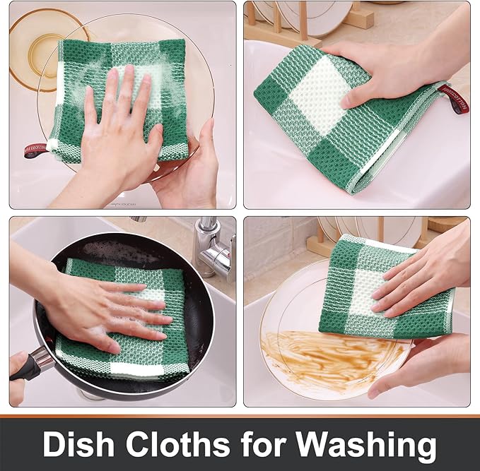 Mordimy 100% Cotton Waffle Weave Plaid Dish Cloths, 12 x 12 Inches, Super Soft and Absorbent Quick Drying Buffalo Check Dish Rags for Kitchen, 6-Pack, Dark Green & White