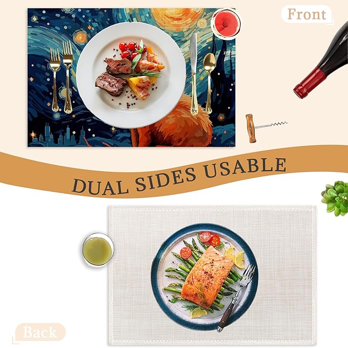 Starry Night Cat Placemats Set of 6,Washable Heat Resistant 12×18 Inch Linen Table Mats Cute Place Mats for Party Outdoor Dining Décor
