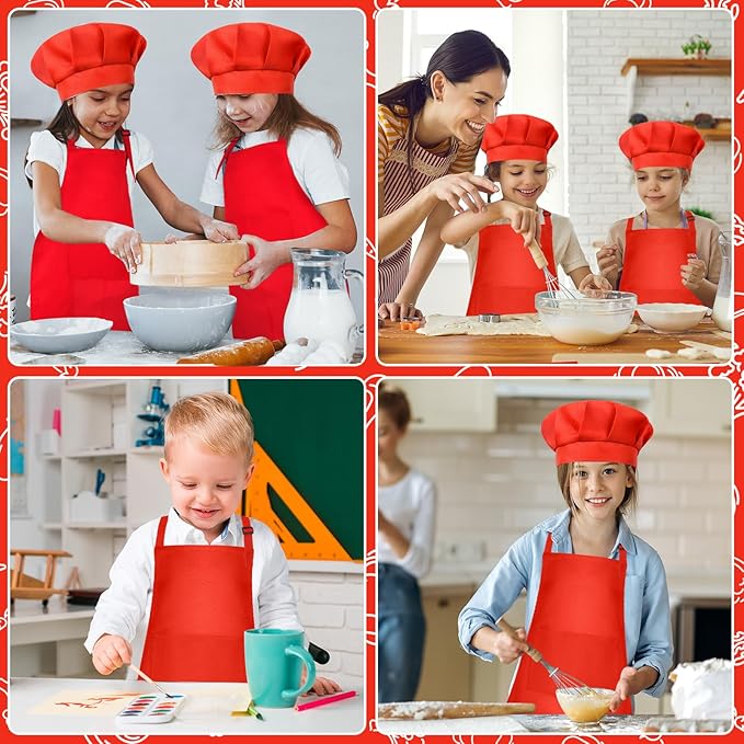 Kids Apron and Chef Hat Set Children Apron Adjustable with 2 Pockets Children Chef Painting for Cooking Baking