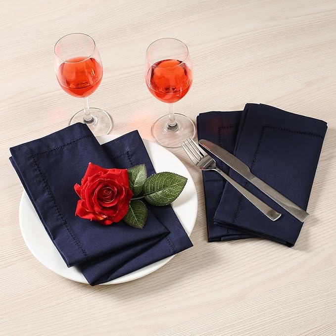 Lightnpro Hemstitched Cotton Cloth Napkins Set of 12-18x18 Inch Navy Dinner Napkins, Washable Fabric Napkins, Christmas & Holiday Table Linens, Elegant Cloth Napkins for Special Occasions