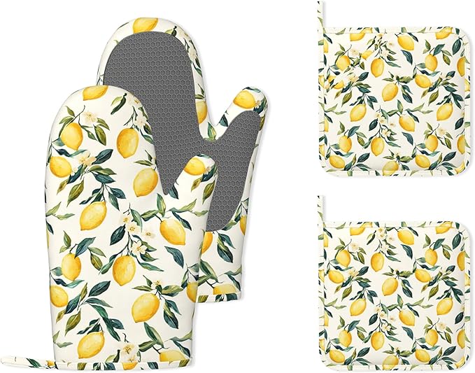Retro Lemon Floral Silicone Oven Mitts and Pot Holders,Heat-Resistant 4 Piece Kitchen Set Non-Slip Oven Gloves and Hot Pads for Cooking, Baking, Grilling,BBQ