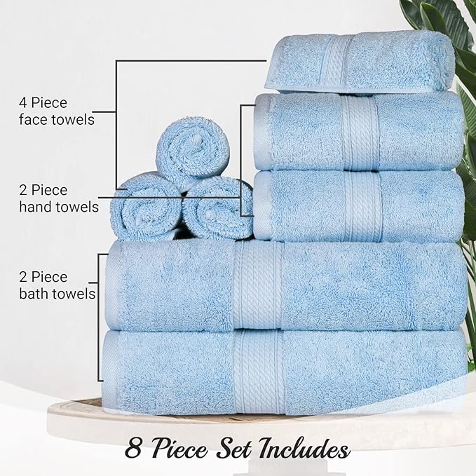 SUPERIOR Egyptian Cotton Pile 8 Piece Towel Set, Includes 2 Bath, 2 Hand, 4 Face Towels/Washcloths, Ultra Soft Luxury Towels, Thick Plush Essentials, Guest Bath, Spa, Hotel Bathroom, Light Blue